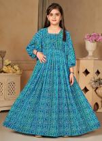 Georgette Sky Blue Traditional Wear Printed Kids Gown